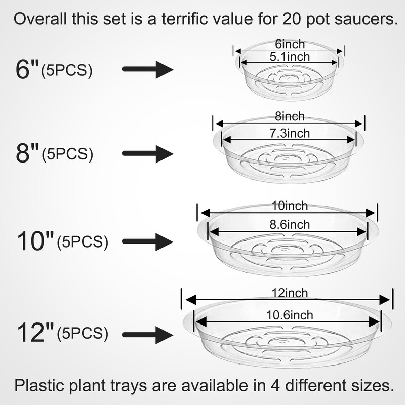 20 pakuotės augalų lėkštės po 6, 8, 10, 12 colių, augalų nusausinimo padėklai, patvarūs gėlių vazonų lašelių padėklai, skirti viduje, lauke