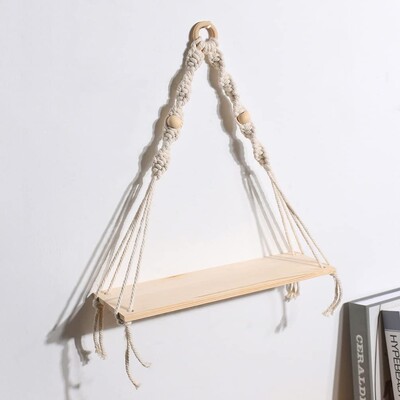 Macrame Κρεμαστό ράφι Boho Διακόσμηση τοίχου Υπνοδωμάτιο 1 PC Ρουστίκ Ξύλο Πλωτά ράφια για Νηπιαγωγείο Δωματίου Μπάνιο Σαλόνι College College