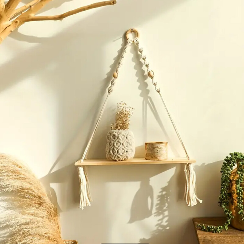 Macrame pakabinama lentyna Boho sienos dekoras Miegamasis 1 PC Kaimiškos medienos plaukiojančios lentynos kambariui vaikų darželis Vonios kambarys Svetainė koledžas