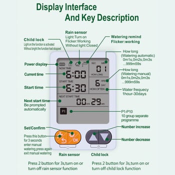 Таймер за поливане на градината Водоустойчив Многопрограмен автоматичен контролер за напояване с батерии Сензор за дъжд Голям екран