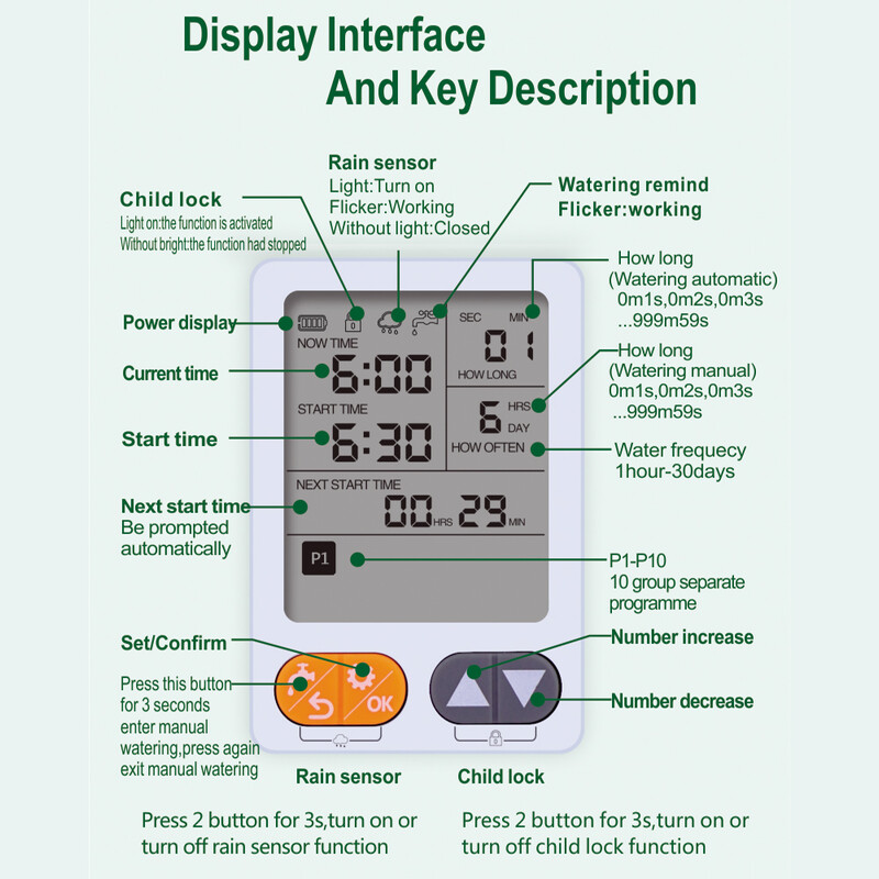 Sodo laistymo laikmatis Neperšlampamas kelių programų automatinis baterijomis veikiantis laistymo valdiklis lietaus jutiklis didelis ekranas