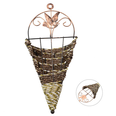Ψάθινο κωνικό σχήμα Γλάστρα Φυσικό Rattan Πράσινο φυτό Μεταλλική βάση αποθήκευσης Κήπος Κρεμαστό βάζο τοίχου Διακόσμηση εξωτερικού χώρου