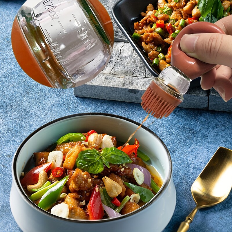 1 vnt. Nešiojamas silikoninio aliejaus butelis su šepečiu, grotelėmis, aliejaus šepečiu, virtuvės aliejaus buteliuku, lauko kepimo ir kepsninės šepečiu