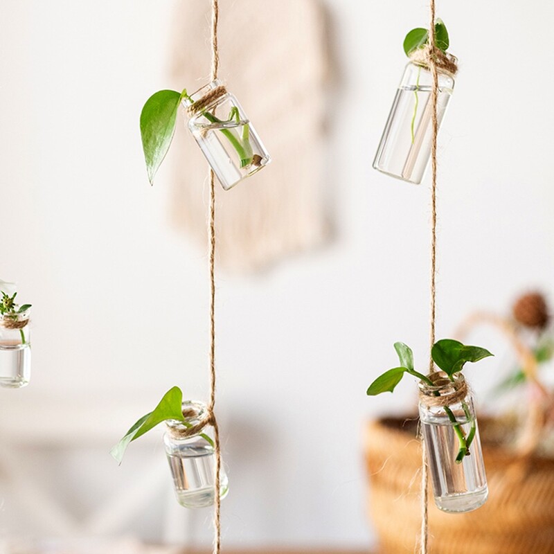 Stiklinė vaza, 1 virvelė, pakabinama vaza su 8 mini buteliukais vėjo varpelių stiliaus Šiaurės šalių namų dekoro gėlių augalų hidroponinės konteinerių vazos