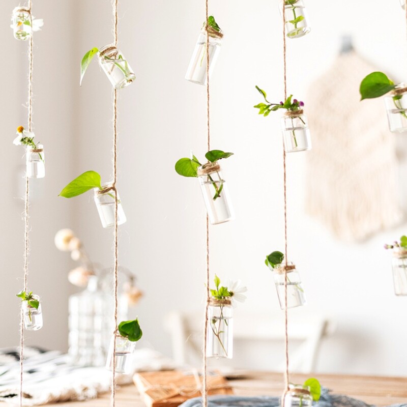 Stiklinė vaza, 1 virvelė, pakabinama vaza su 8 mini buteliukais vėjo varpelių stiliaus Šiaurės šalių namų dekoro gėlių augalų hidroponinės konteinerių vazos