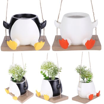 Υπέροχη Swing Planter Pot με σπάγγο Creative Resin Face Gnome Penguin Succulent Plant Κρεμαστή γλάστρα Εσωτερικού εξωτερικού χώρου