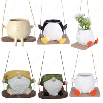 Υπέροχη Swing Planter Pot με σπάγγο Creative Resin Face Gnome Penguin Succulent Plant Κρεμαστή γλάστρα Εσωτερικού εξωτερικού χώρου