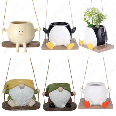 Υπέροχη Swing Planter Pot με σπάγγο Creative Resin Face Gnome Penguin Succulent Plant Κρεμαστή γλάστρα Εσωτερικού εξωτερικού χώρου