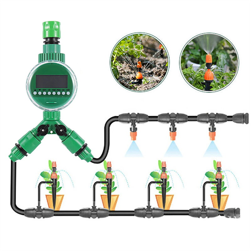 3/4" Αρσενικό νήμα οθόνη LCD με χρονοδιακόπτη νερού 4/7 mm 8/11 mm 2-Way Outlet Water Splitter Garden Αυτόματος ελεγκτής νερού άρδευσης