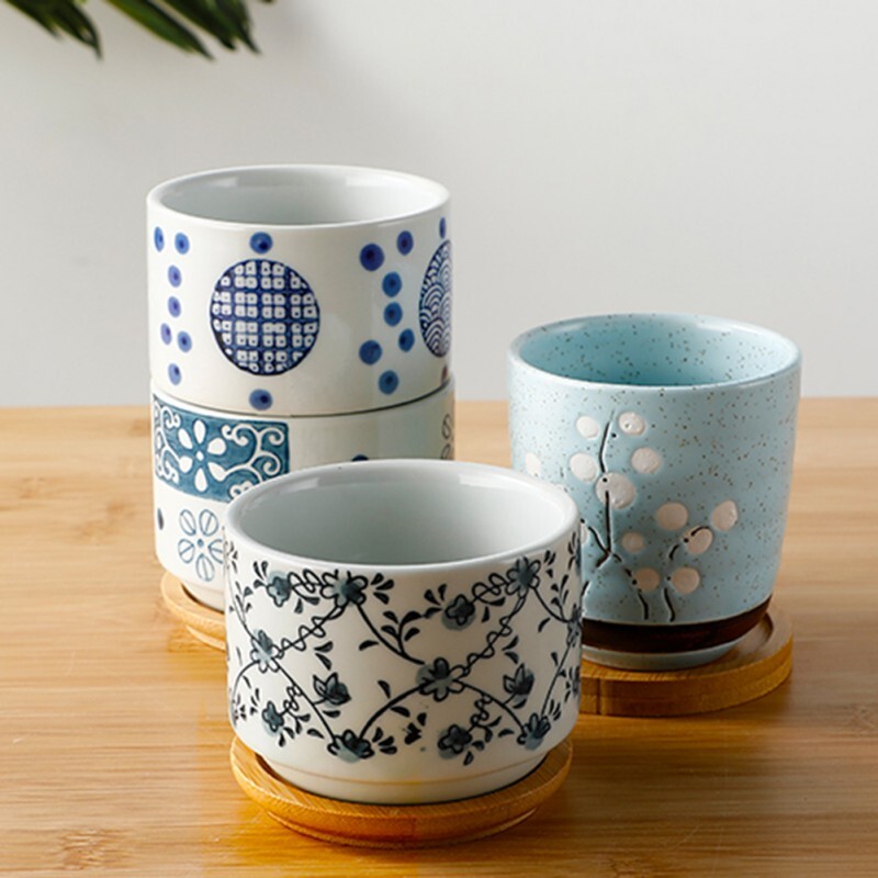 Керамична саксия за цветя с бамбукова табла Саксия за сукулентни растения в японски стил Саксия за бонсай Градински декор Кактусови растения Саксии