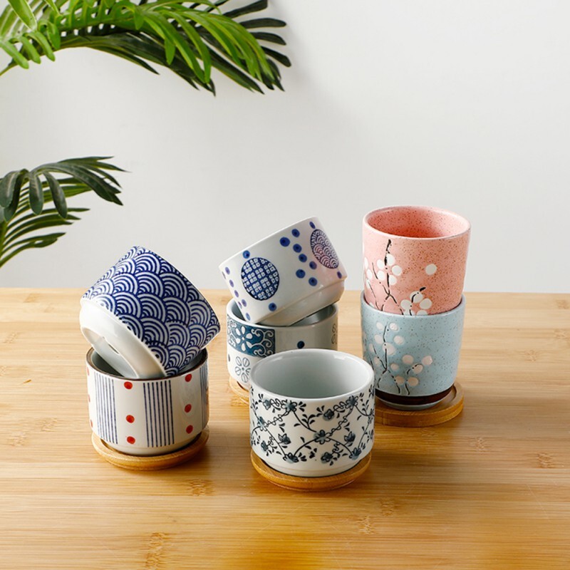 Керамична саксия за цветя с бамбукова табла Саксия за сукулентни растения в японски стил Саксия за бонсай Градински декор Кактусови растения Саксии