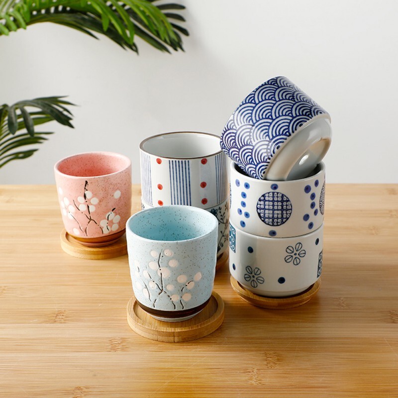 Керамична саксия за цветя с бамбукова табла Саксия за сукулентни растения в японски стил Саксия за бонсай Градински декор Кактусови растения Саксии