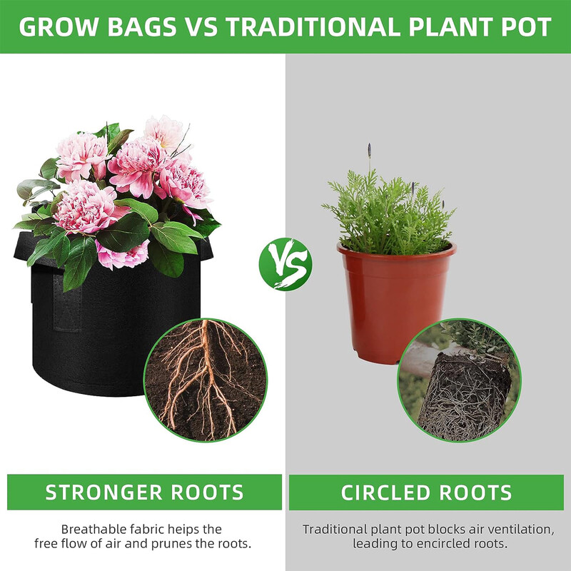 5 ΤΕΜ, 5 γαλόνια σακούλες φύτευσης Nonwoven Pot Aeration with Handles for Gardening and Farting, 5 Pack Black, 5 Gallon