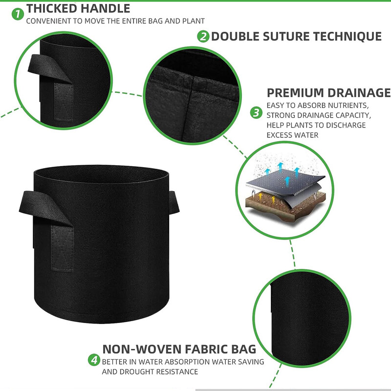5 ΤΕΜ, 5 γαλόνια σακούλες φύτευσης Nonwoven Pot Aeration with Handles for Gardening and Farting, 5 Pack Black, 5 Gallon