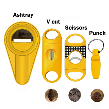 Кафяв комплект 4 пури Резачка за пури Джоб Пепелник V-Cut Остри ножици Puro Гилотина Нож за перфоратор Джаджа Аксесоари за кубинска пура