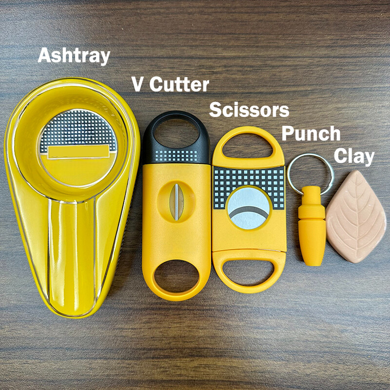 Brūns 4 cigāru komplekts cigāru griezēja kabatas pelnu trauks V-Cut Sharp Puro šķēres Giljotīnas perforators nazis sīkrīks Kubas cigāru piederumi