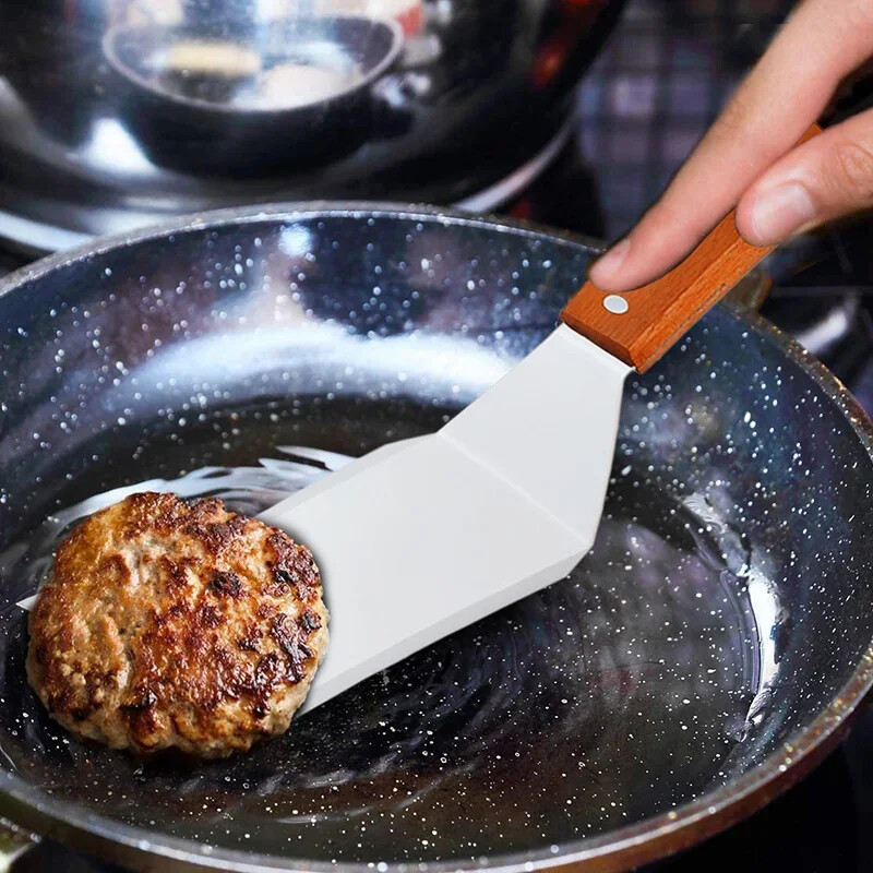 Nerūsējošā tērauda kvadrātveida galva steiks gatavošanas lāpstiņa koka rokturis picas lāpsta pankūka liellopu gaļas virpotājs skrāpis grila piederumi virtuvei