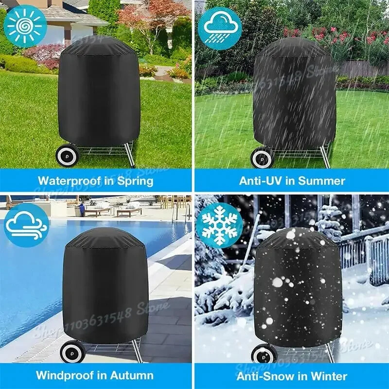Apaļš melns āra grila pārsegs Uguns bedres plīts BBQ pārsegi Ūdensizturīgi lieljaudas dārza 210D auduma elektriskais grila aizsargpārklājs
