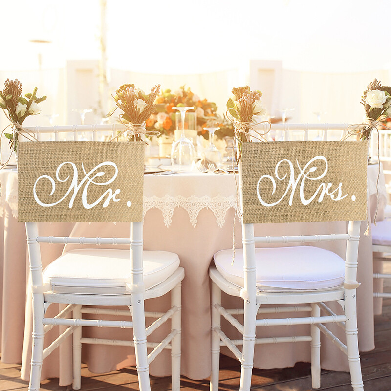 2 tk/komplekt Mrs Burlapi džuudist toolbänner Romantiline rippuv toolimärk Lipp Rustikaalne pulmapeo banketi kaunistus fotorekvisiidid