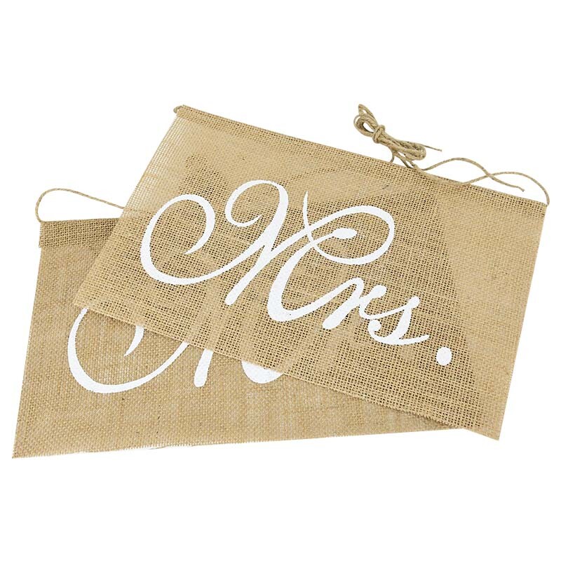 2 tk/komplekt Mrs Burlapi džuudist toolbänner Romantiline rippuv toolimärk Lipp Rustikaalne pulmapeo banketi kaunistus fotorekvisiidid