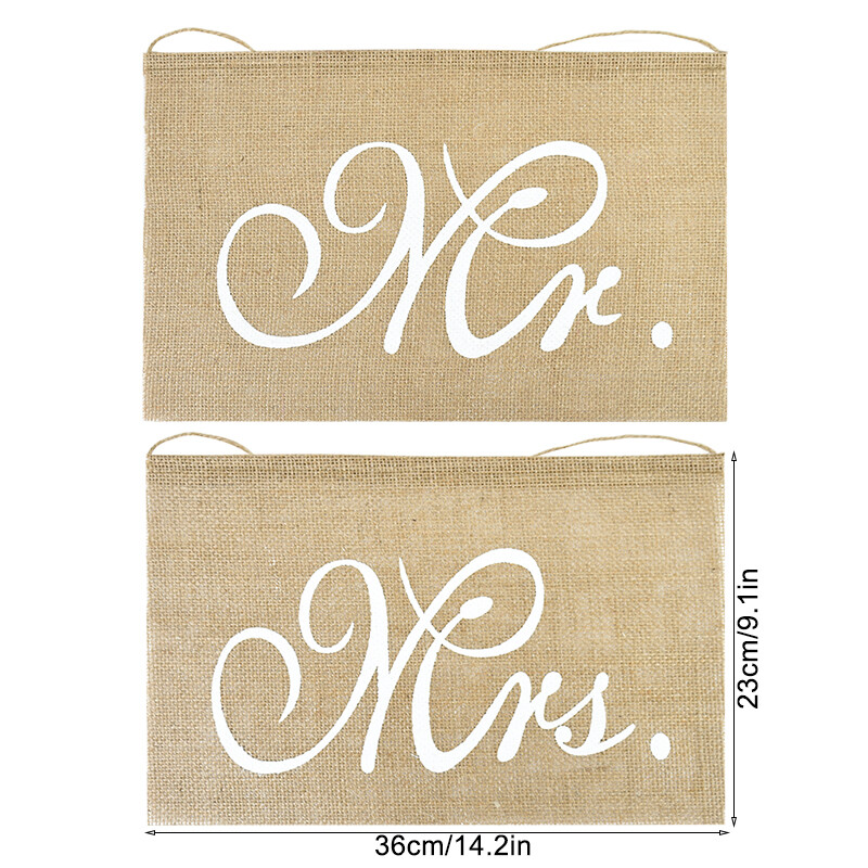 2 tk/komplekt Mrs Burlapi džuudist toolbänner Romantiline rippuv toolimärk Lipp Rustikaalne pulmapeo banketi kaunistus fotorekvisiidid