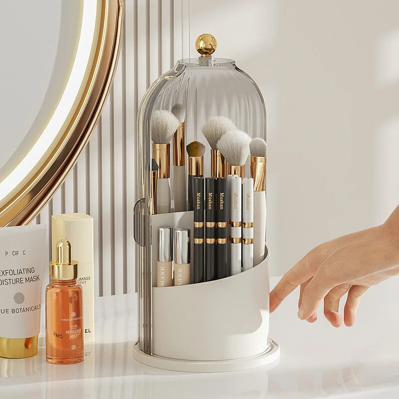 Makiažo šepetėlio laikiklis 360° besisukantis kosmetikos laikiklis su dangteliu darbalaukio makiažo tvarkyklė lūpų dažų antakių pieštuko laikiklis