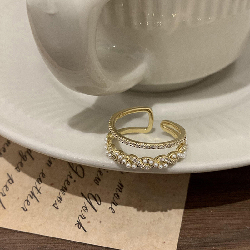 Retro kerge luksuspärli kahekihiline avatud rõngas, naiste disain, nišš, temperament, lihtne ja mitmekülgne, osutirõngas, tipptasemel mõistus