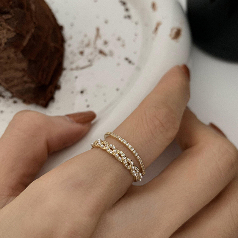 Retro kerge luksuspärli kahekihiline avatud rõngas, naiste disain, nišš, temperament, lihtne ja mitmekülgne, osutirõngas, tipptasemel mõistus