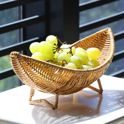 Rattan Fruit Bowl Δίσκος για Τραπεζάκι σαλονιού Πλεκτό Καλάθι Sundries Δίσκος Rattan Φρούτα Καλάθι σχήματος μισοφέγγαρου Πλαστικό καλάθι αυγών ρατάν