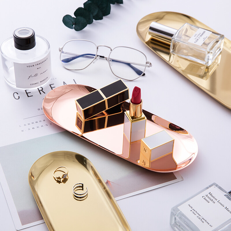 Модерна метална плоча от розово злато от неръждаема стомана, сребро, овална кутия за съхранение на бижута. Тава за съхранение. Декоративна тава за консумативи.