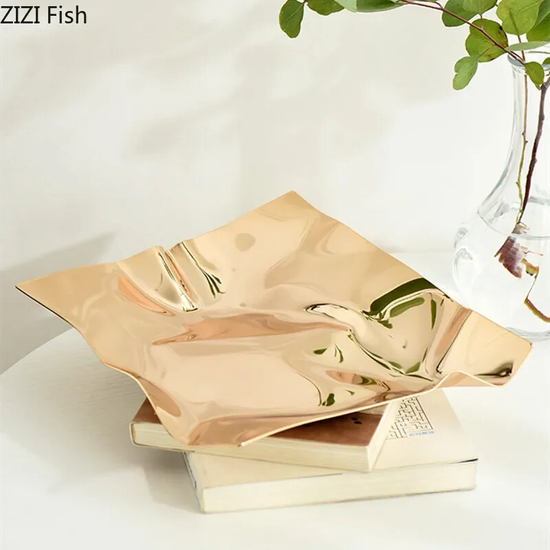 Ελαφριά πολυτελή πλισέ πλάκα Δίσκος αποθήκευσης από ανοξείδωτο ατσάλι Επιτραπέζιο σαλονάκι Πιάτο φρούτων κλειδί καλλυντικά κοσμήματα στολίδια αποθήκευσης