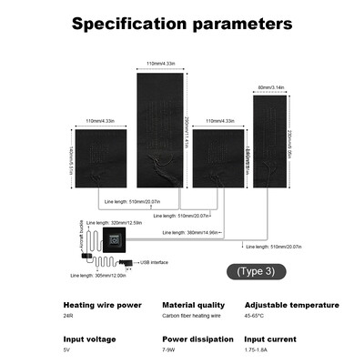 Vandeniui atsparus elektrinis kaitinimo lakštas, 3 pavarų reguliuojamas temperatūros valdymo blokas, šildomas šildomas 5 V šildytuvas, „pasidaryk pats“ šilumos drabužiai lauke