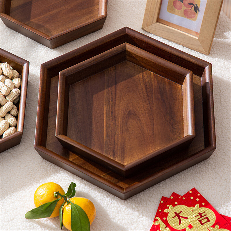 Ξύλινος Εξαγωνικός Δίσκος Καρυδιάς με Φλιτζάνι Νερού Φρούτα Φαγητό Ψωμί Διάφορα Δίσκος Σερβιρίσματος Οικιακό Οργανωτής Προμήθειες κουζίνας