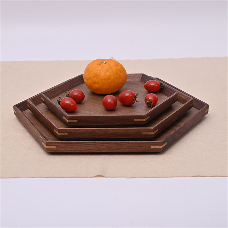 Ξύλινος Εξαγωνικός Δίσκος Καρυδιάς με Φλιτζάνι Νερού Φρούτα Φαγητό Ψωμί Διάφορα Δίσκος Σερβιρίσματος Οικιακό Οργανωτής Προμήθειες κουζίνας