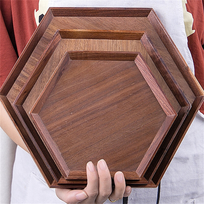 Ξύλινος Εξαγωνικός Δίσκος Καρυδιάς με Φλιτζάνι Νερού Φρούτα Φαγητό Ψωμί Διάφορα Δίσκος Σερβιρίσματος Οικιακό Οργανωτής Προμήθειες κουζίνας