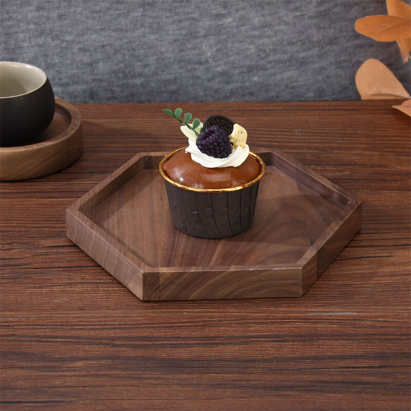 Ξύλινος Εξαγωνικός Δίσκος Καρυδιάς με Φλιτζάνι Νερού Φρούτα Φαγητό Ψωμί Διάφορα Δίσκος Σερβιρίσματος Οικιακό Οργανωτής Προμήθειες κουζίνας