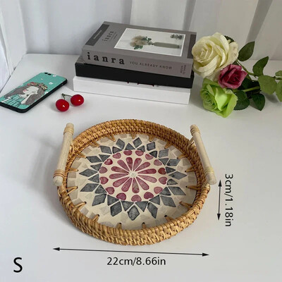 Vintage rotangist kudumisega koorega alus käsitsi valmistatud puidust käepidemega korv Bohemia etnilises stiilis hoiukarp suupistete ja puuviljade kodukaunistamiseks