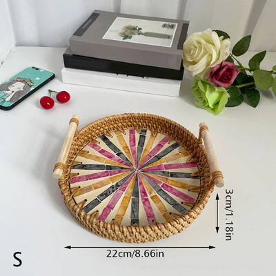 Vintage rotangist kudumisega koorega alus käsitsi valmistatud puidust käepidemega korv Bohemia etnilises stiilis hoiukarp suupistete ja puuviljade kodukaunistamiseks