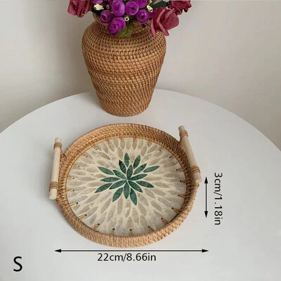 Vintage rotangist kudumisega koorega alus käsitsi valmistatud puidust käepidemega korv Bohemia etnilises stiilis hoiukarp suupistete ja puuviljade kodukaunistamiseks