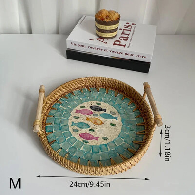 Vintage rotangist kudumisega koorega alus käsitsi valmistatud puidust käepidemega korv Bohemia etnilises stiilis hoiukarp suupistete ja puuviljade kodukaunistamiseks