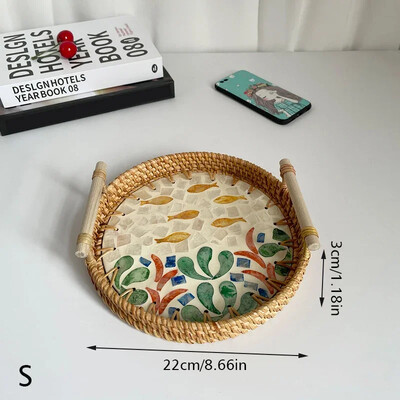 Vintage rotangist kudumisega koorega alus käsitsi valmistatud puidust käepidemega korv Bohemia etnilises stiilis hoiukarp suupistete ja puuviljade kodukaunistamiseks