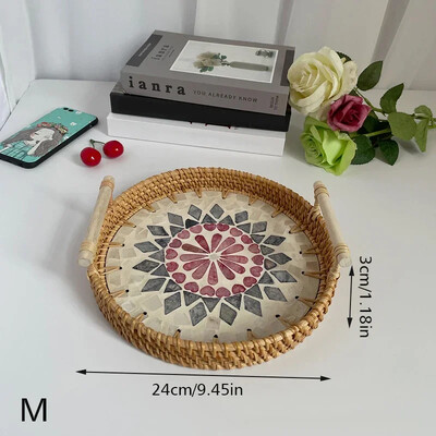 Vintage rotangist kudumisega koorega alus käsitsi valmistatud puidust käepidemega korv Bohemia etnilises stiilis hoiukarp suupistete ja puuviljade kodukaunistamiseks