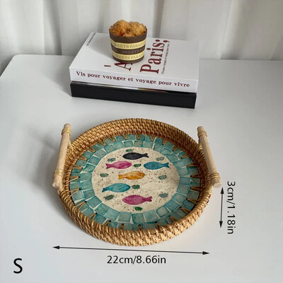 Vintage rotangist kudumisega koorega alus käsitsi valmistatud puidust käepidemega korv Bohemia etnilises stiilis hoiukarp suupistete ja puuviljade kodukaunistamiseks