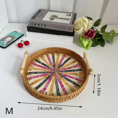 Vintage rotangist kudumisega koorega alus käsitsi valmistatud puidust käepidemega korv Bohemia etnilises stiilis hoiukarp suupistete ja puuviljade kodukaunistamiseks