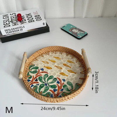 Vintage rotangist kudumisega koorega alus käsitsi valmistatud puidust käepidemega korv Bohemia etnilises stiilis hoiukarp suupistete ja puuviljade kodukaunistamiseks