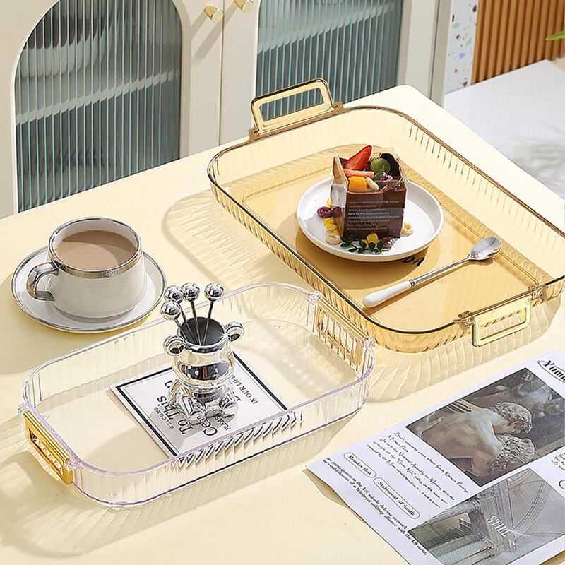 WORTHBUY Правоъгълна тава за съхранение с дръжка Пластмасова тава за сервиране Всекидневна Прозрачен чайник Чиния за съхранение на чаша за чай