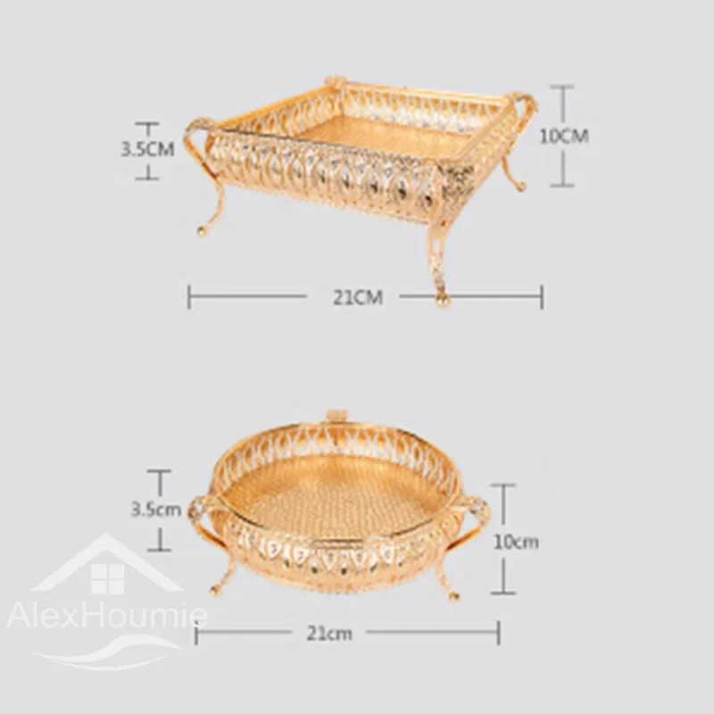 Χρυσός δίσκος φρούτων Creative Vintage Χρυσό στρογγυλό τετράγωνο πιάτο φρούτων Πολυλειτουργικό μεταλλικό σνακ Οικιακό πιάτο αποθήκευσης Ενδύματα σπιτιού