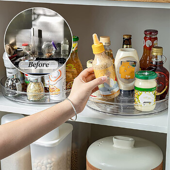 Lazy Susan Turntable Organizer Clear Въртяща се на 360 многофункционална грамофонна поставка за подправки за кухненски шкаф Тави за съхранение на грим