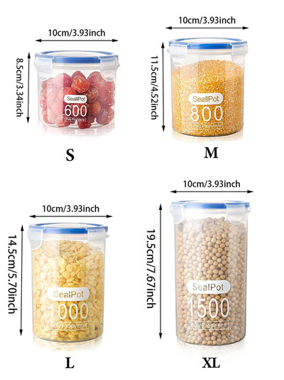 S/M/L/XL размер Прозрачни пластмасови запечатани саксии за съхранение на храна Кухненски зърнени буркани за бонбони и подправки Контейнери за съхранение за кухня