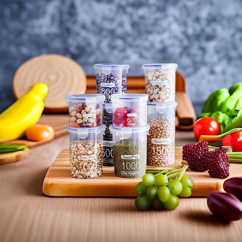 S/M/L/XL размер Прозрачни пластмасови запечатани саксии за съхранение на храна Кухненски зърнени буркани за бонбони и подправки Контейнери за съхранение за кухня